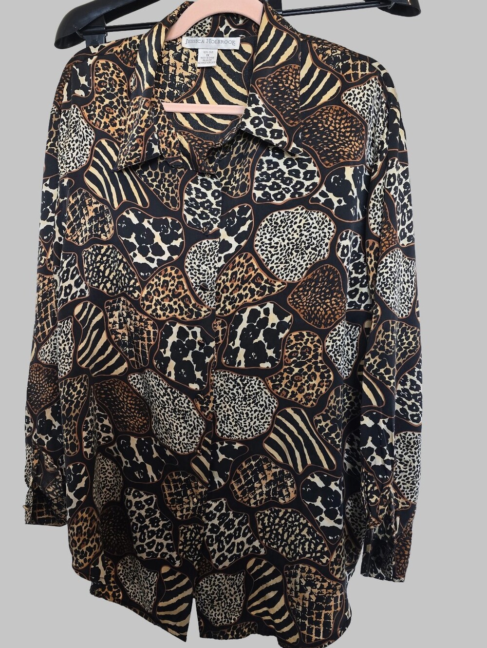 Jessica Howard Black, Brown & Cream Animal Pattern Button-Down Blouse Size 1X